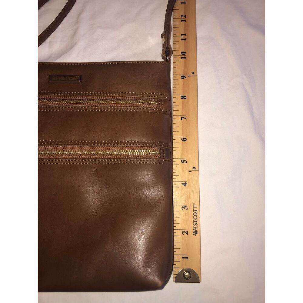 Estalon Brown Crossbody Leather Bag Outside Zip Pockets Gold Hardware Adjustable - Picture 3 of 6